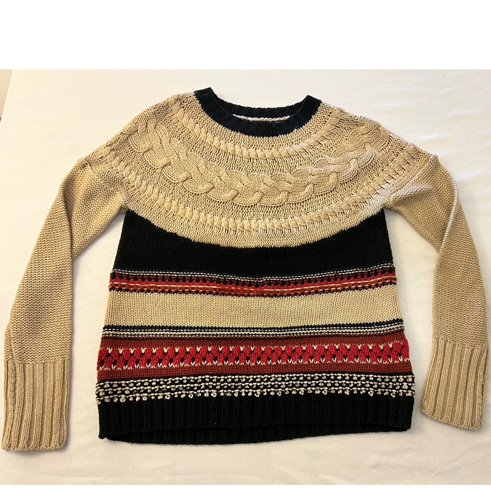 Cotton On Knitwear Mens Small Tan Black Red Cable Knit Fair Isle Striped Sweater